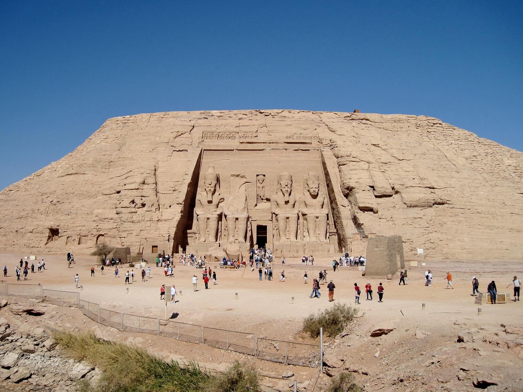 The four seated colossi of Ramesses II cut into the rock face of the Great Temple at Abu Simbel