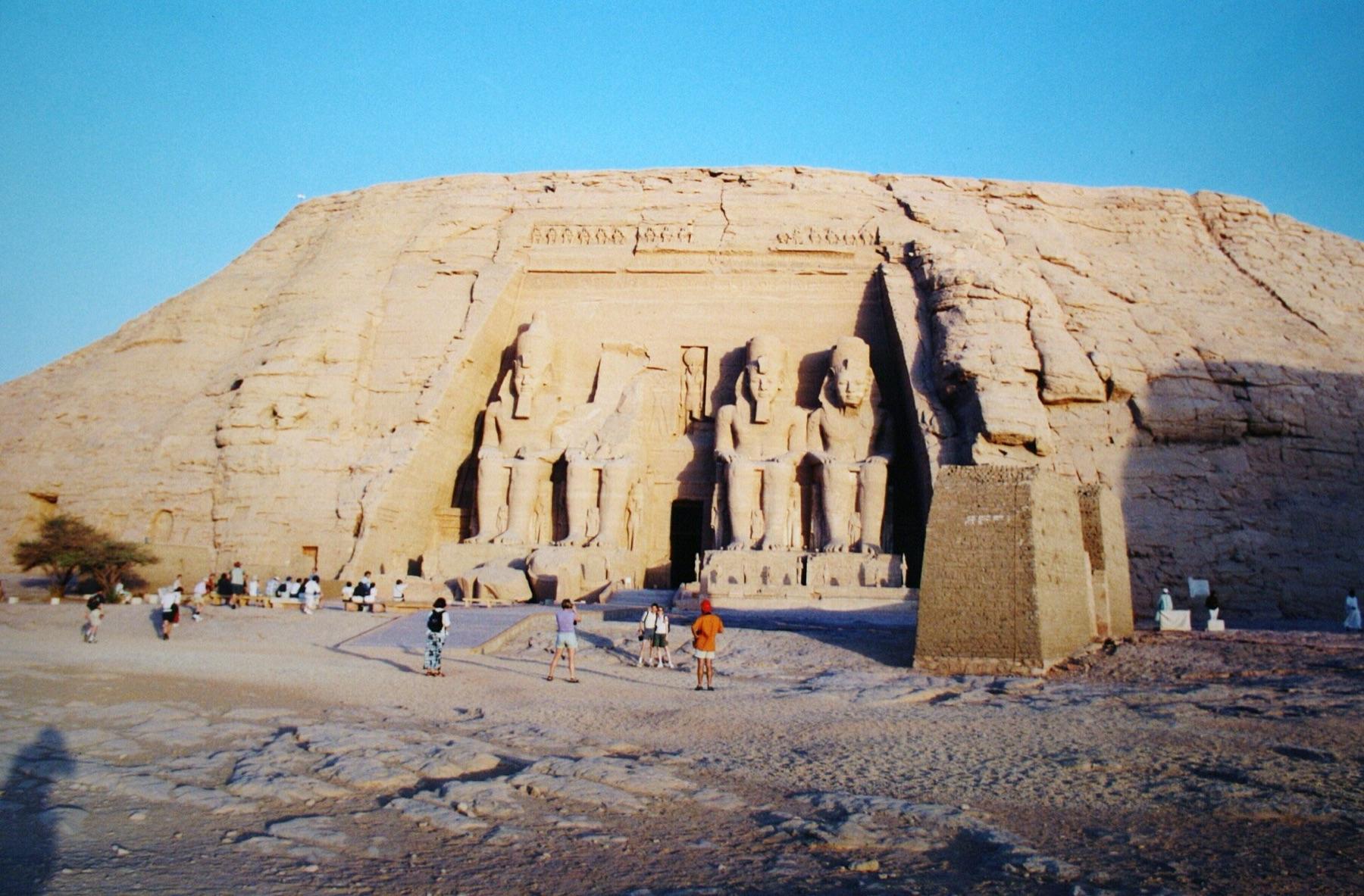 The four seated colossi of Ramesses II carved into the cliff at the Great Temple of Abu Simbel