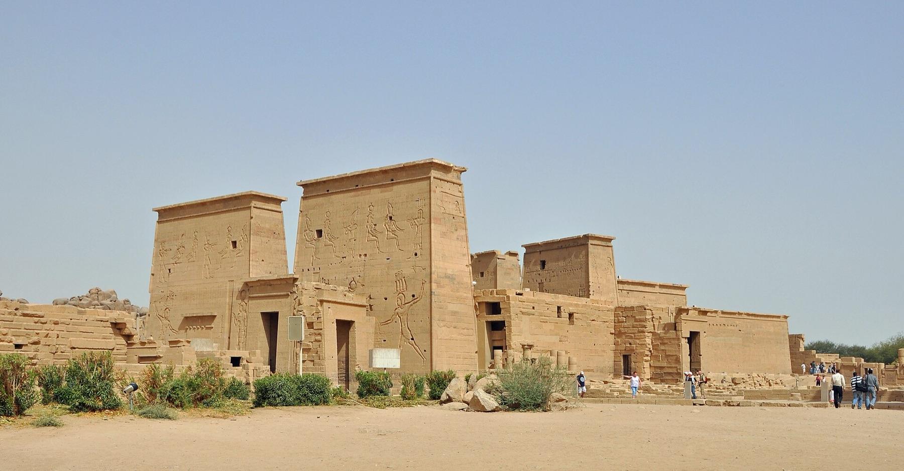 The twin towers of the first pylon of the Temple of Isis on Agilkia Island, Philae