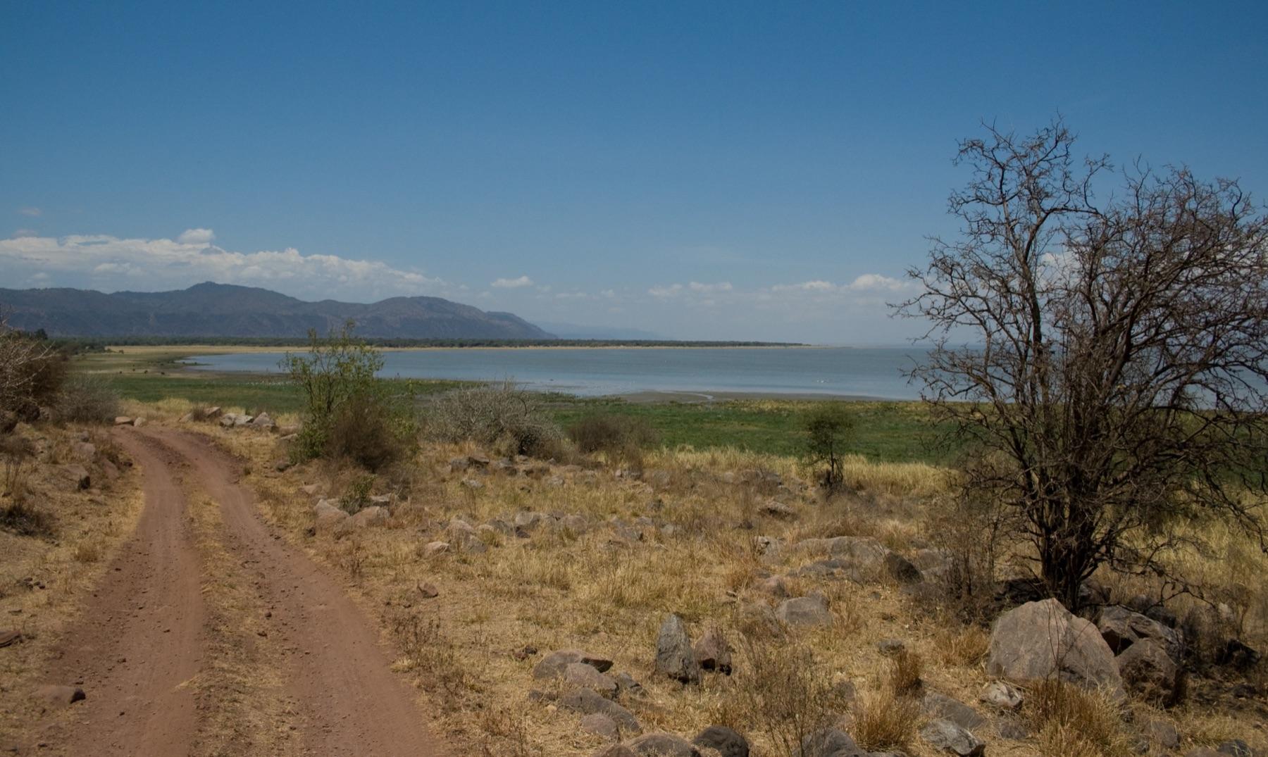A dirt track leads through dry grass and acacia towards Lake Manyara, with the Rift Valley hills behind