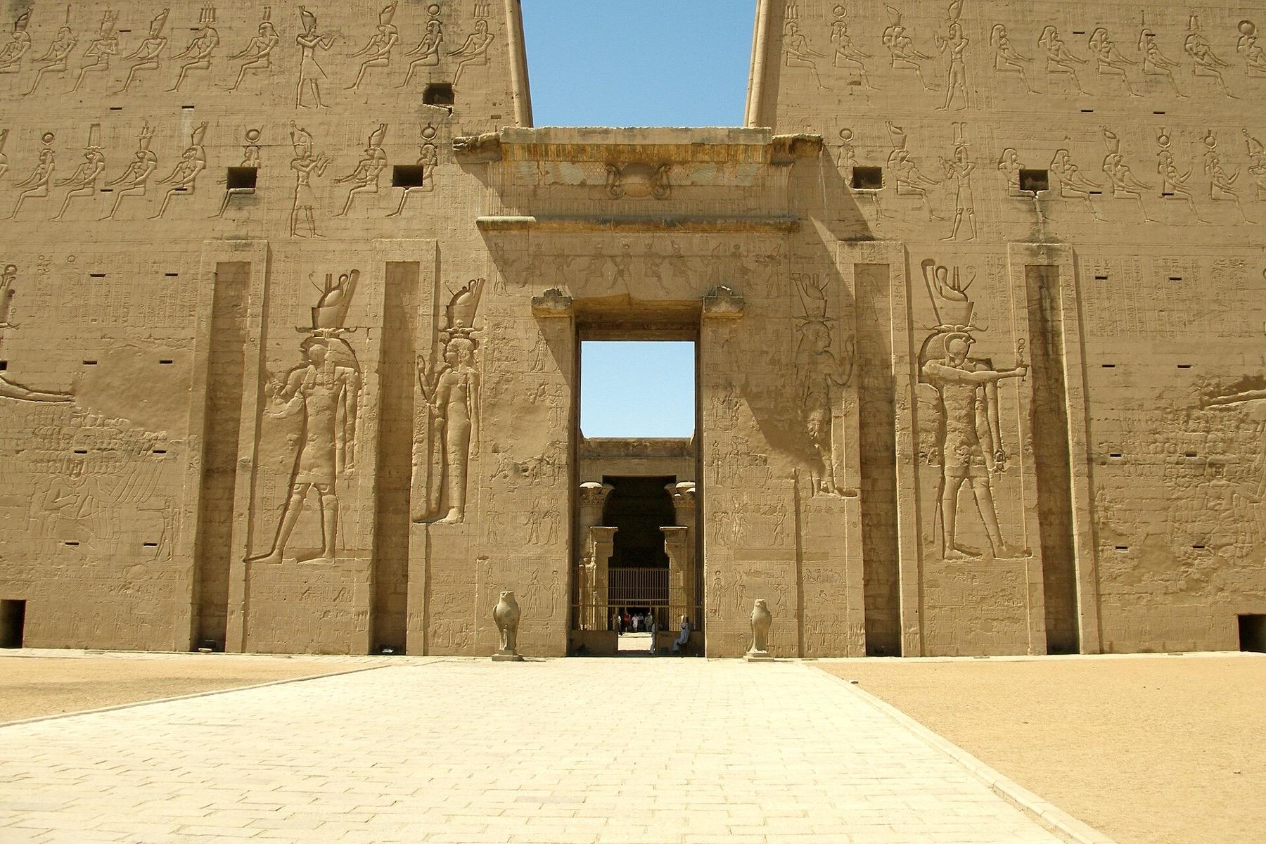 The great carved pylon at the entrance to the Temple of Horus at Edfu