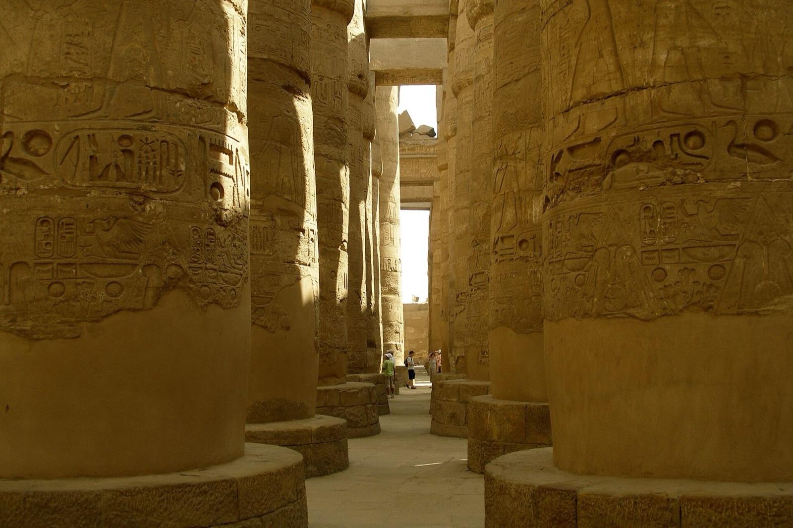 Massive carved columns of the Great Hypostyle Hall at Karnak