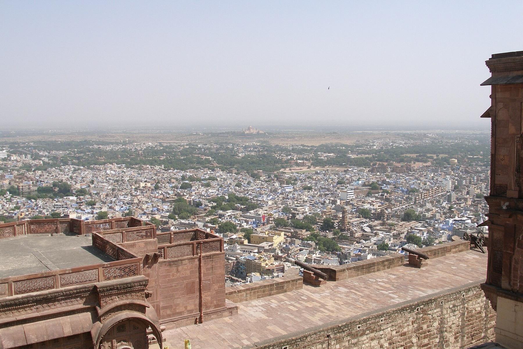 The blue-washed houses of Jodhpur's old city seen from the ramparts of Mehrangarh Fort
