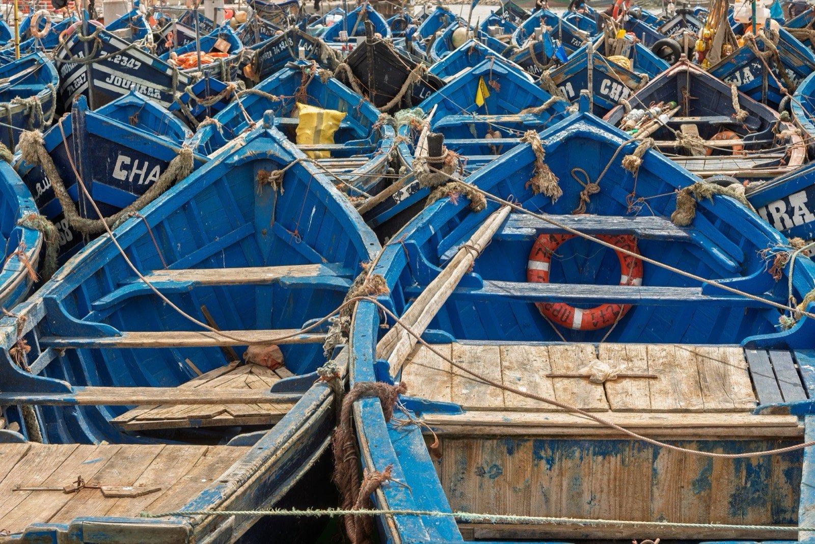 Blue wooden fishing boats packed together in the harbour at Essaouira