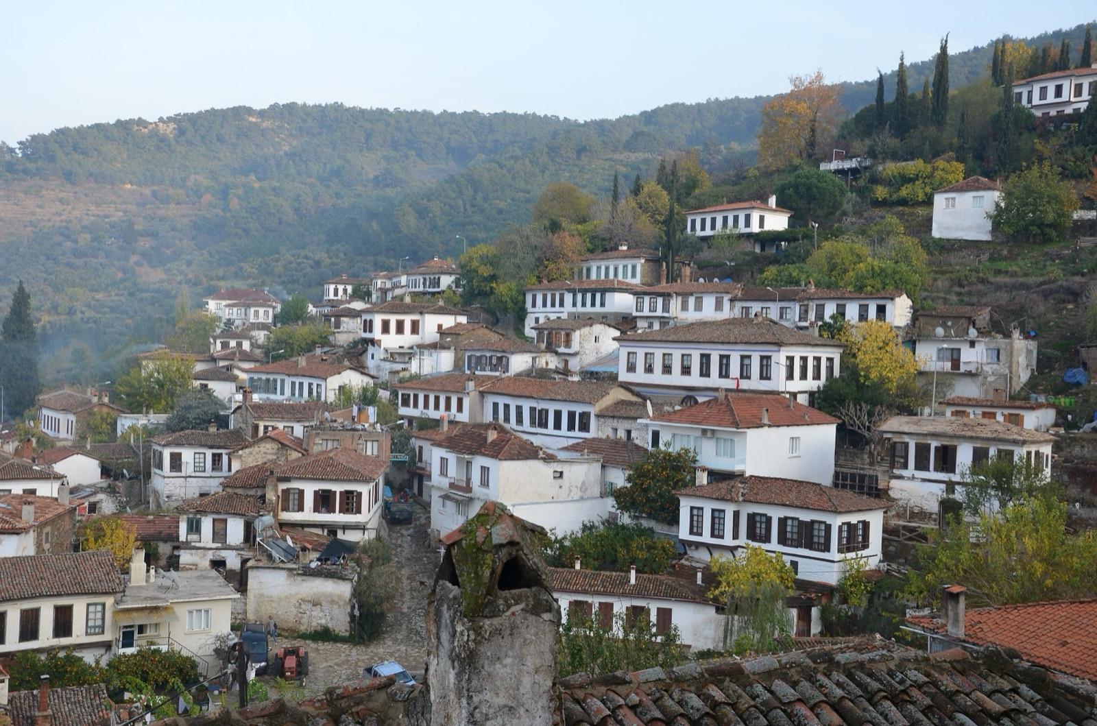 White stone and timber houses with tiled roofs on a green hillside in the village of Şirince