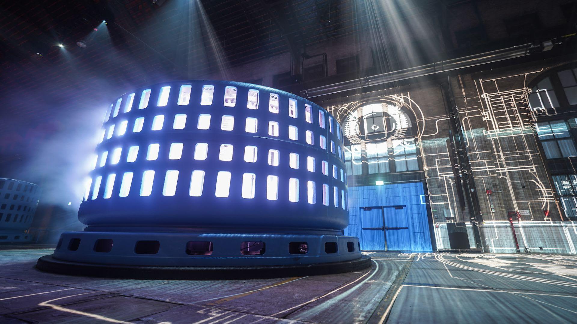 Interior view of illuminated generator inside niagara parks power station.