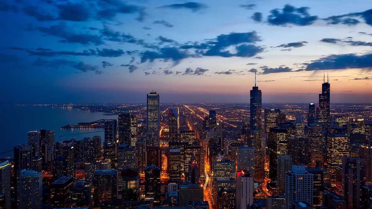 Aerial view of Chicago evening skyline