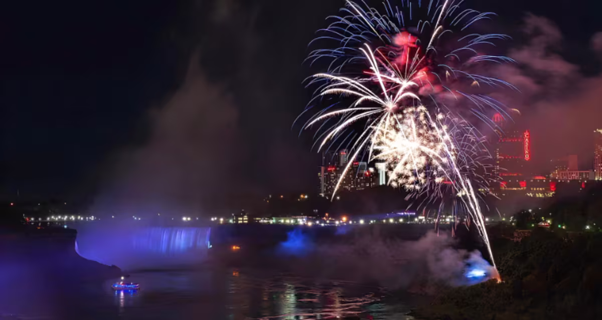 Fireworks display over Niagara Falls at night.
